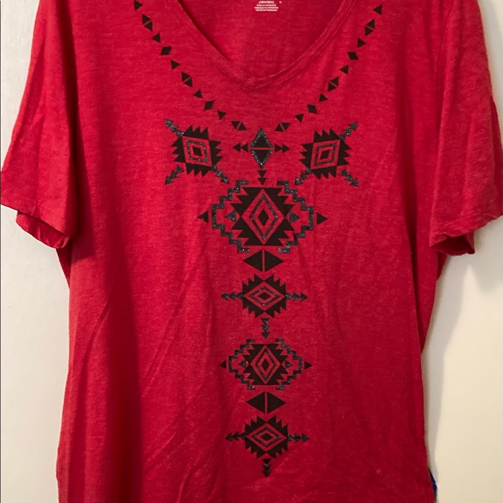 Red V-neck Tee shirt with black "tribal" designs, jms~JUST MY SIZE by Hanes